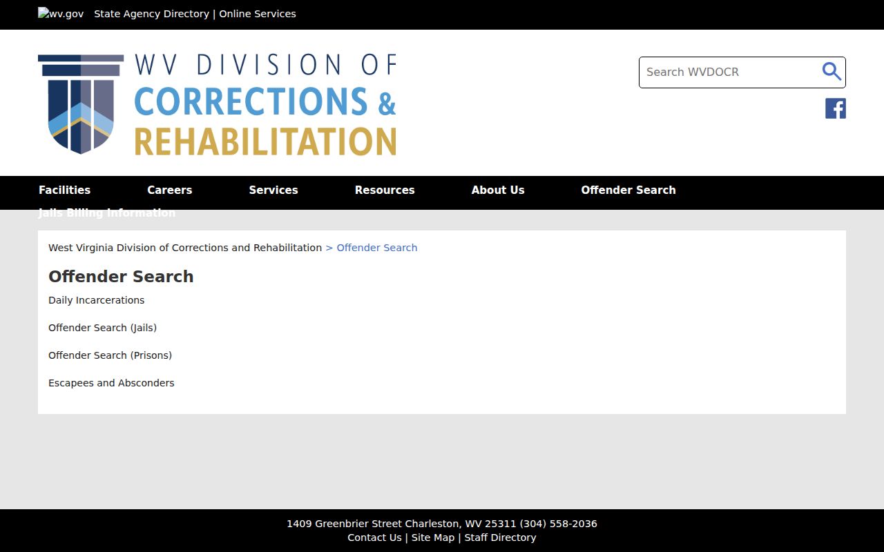 WVDCR Offender Search hub for jail and prison records