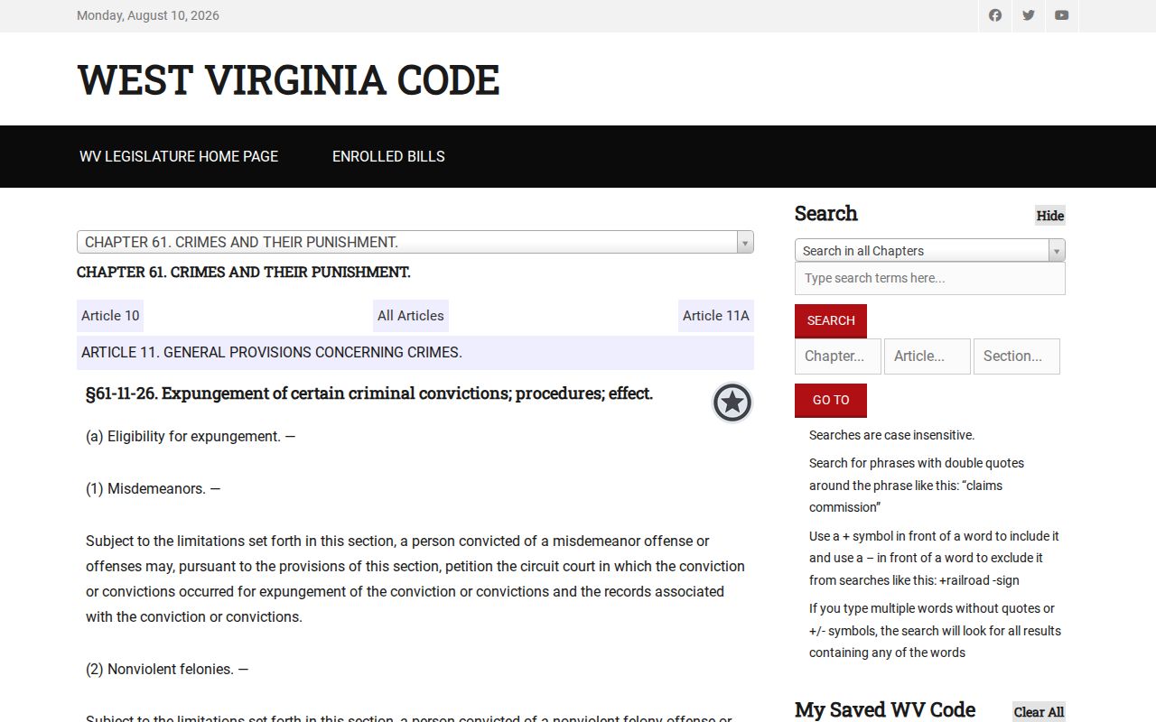 West Virginia eligible-conviction expungement statute