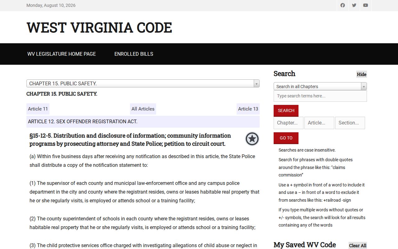 Hardy County sex offender registry disclosure rules in West Virginia law