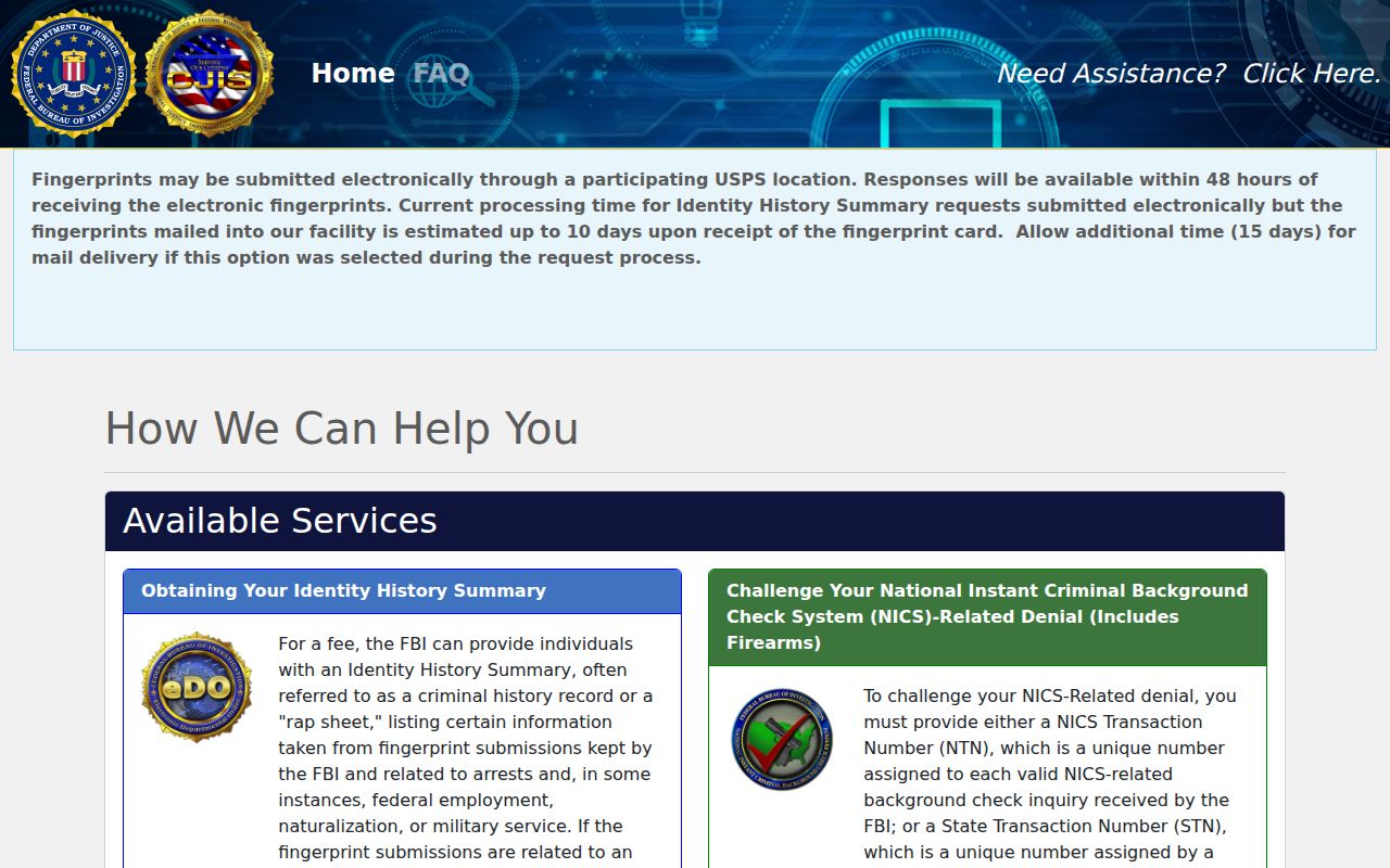 FBI identity history request portal for Hardy County criminal record review