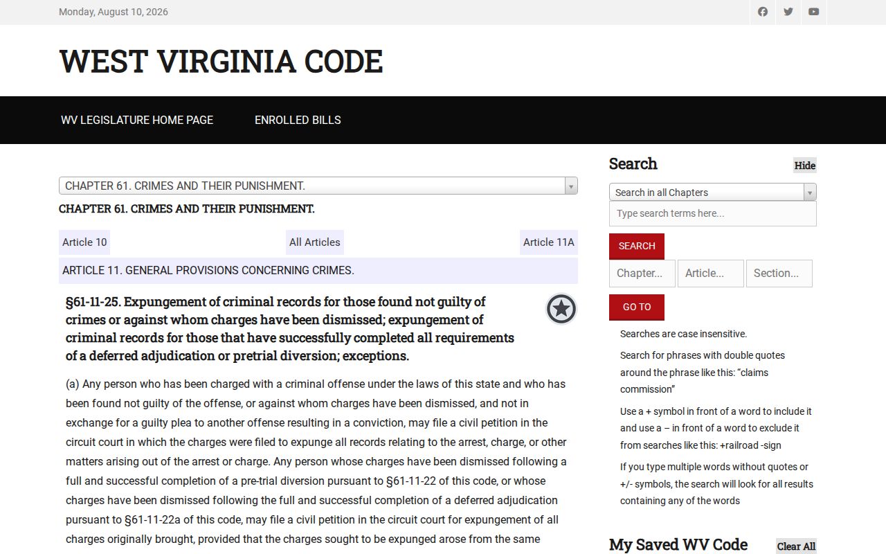 West Virginia non-conviction expungement law for Hardy County criminal records