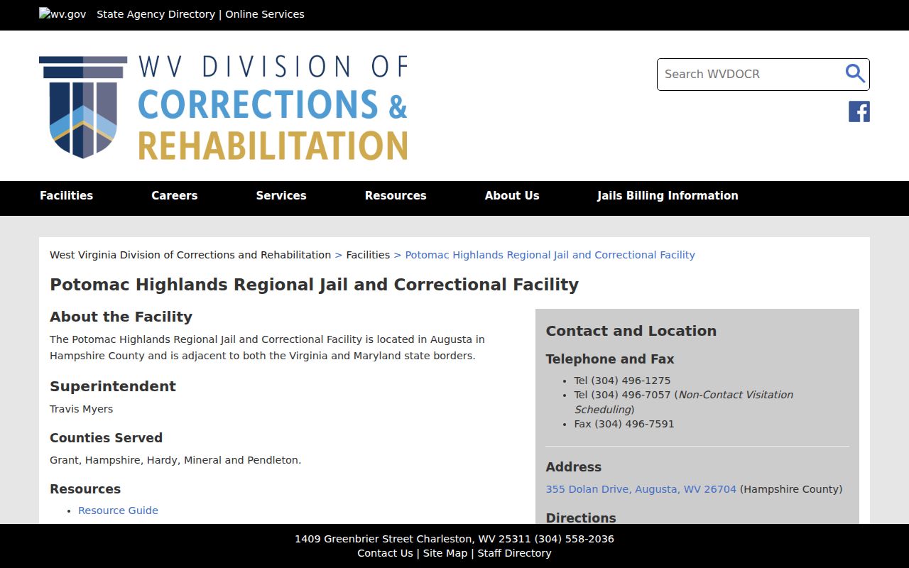 Potomac Highlands facility page for Hardy County booking records